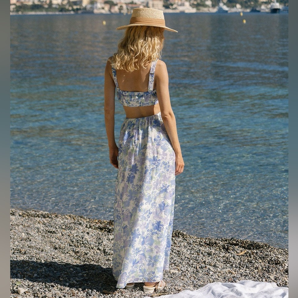 πͺ» SABO Venesa Maxi Skirt Crop Top Matching Set Blue Juniper Floral - Picture 3 of 16